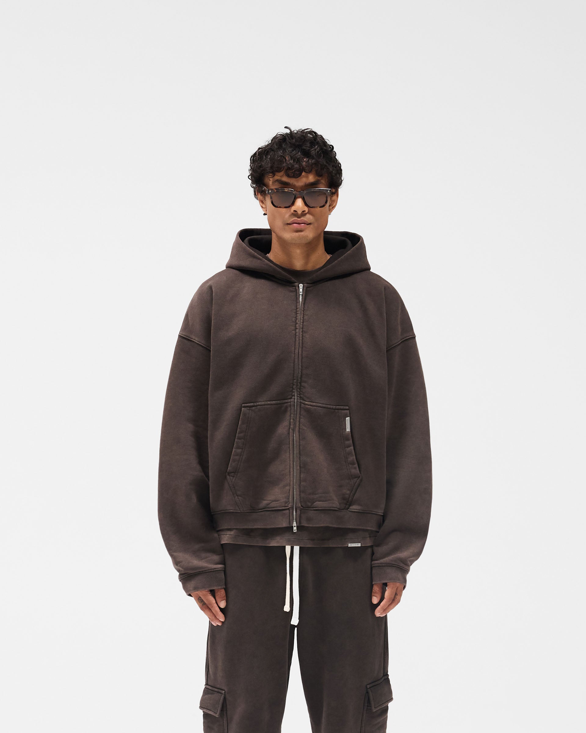Initial Boxy Zip Through Hoodie - Coffee